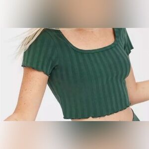 Aerie Offline Green Ribbed Square Neck Crop Top Lettuce Hem